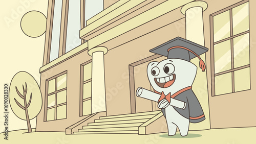 Cartoon character graduating from college education achievement diploma.