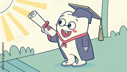 Cartoon Character Graduation Diploma Happy Success Achievement Education Celebration Mascot Illustration Vector Cute Child Kid Funny School Learning Knowledge Wisdom Graduate Commencement Ceremony Co.
