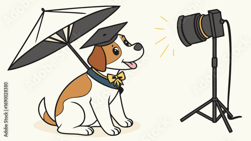 Cartoon Dog in Graduation Cap Under Umbrella Photo Studio Lighting Illustration.