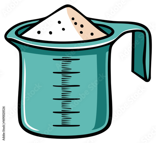 Teal measuring cup filled with white powder, illustration for baking or cooking, recipe ingredient