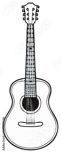 Elegant acoustic guitar illustration, outlined musical instrument, wood and steel strings, for musician or music shop promotion
