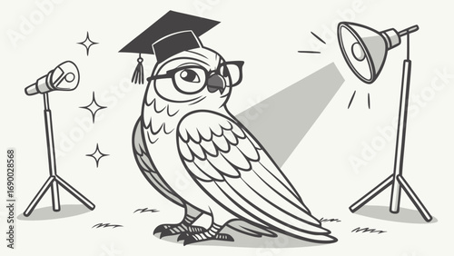Cartoon Owl in Graduation Cap Studio Lighting Illustration Education Concept.