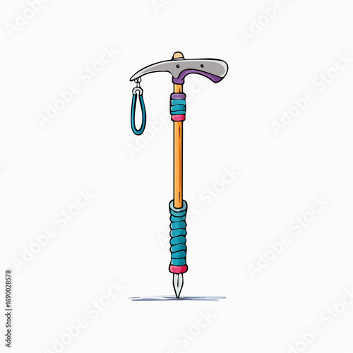 Hand-drawn illustration of a vibrant ice axe with an orange shaft and blue grip, ready for winter climbing adventures and mountaineering expeditions on icy terrains