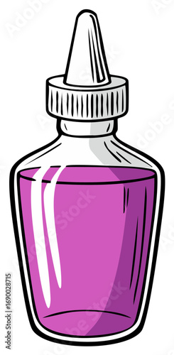 Illustration of Clear Glass Medicine Bottle Filled with Purple Liquid, Featuring an Eye Dropper Type White Cap