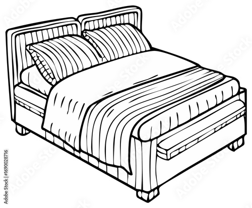 Line art illustration of a comfortable bed with pillows and bedding