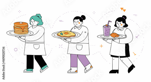 Waitresses Serving Breakfast Dishes Pancakes, Omelette, and Refreshing Drinks in a Restaurant Setting