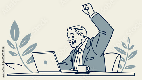 Celebrating Success Businessman with Laptop Illustration.