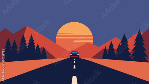 Car on Road at Sunset with Mountains and Trees, Flat Illustration