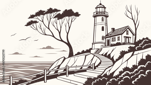 Coastal Lighthouse Illustration Seascape with Tower House Trees Ocean View Steps Cliffside Vintage Style Graphic Nautical Design Seaside Illustration Maritime Artwork Nature Scene Ocean Water Waves B.