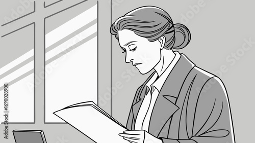 Concentrated businesswoman reviewing documents near window black and white line art illustration.