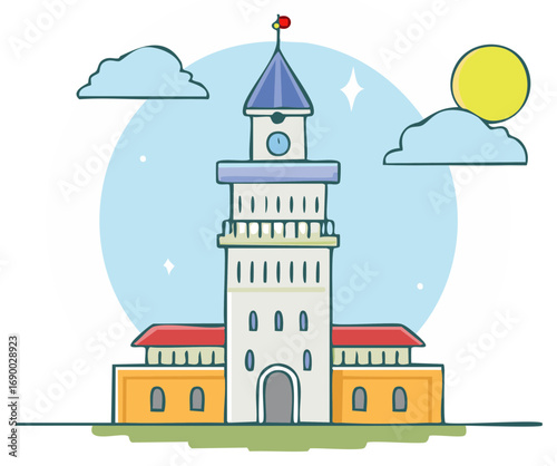 Wallpaper Mural Tower Building with Clock, Spire, and Flag in Cartoon Style with Clouds and Sun Illustration Torontodigital.ca