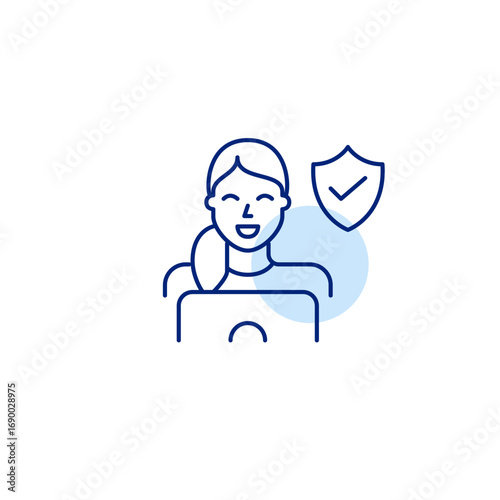 Woman working at laptop, shield and checkmark. Cybersecurity assurance, safe data handling, authenticated login, compliant digital use. Pixel perfect, editable stroke vector icon