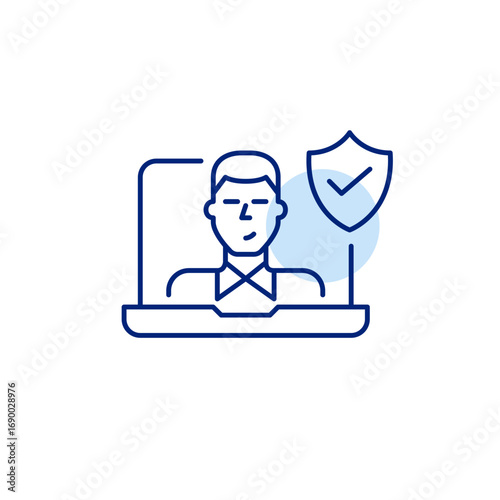 Man user at laptop, shield and checkmark. Cybersecurity assurance, safe data handling, authenticated login, compliant digital use. Pixel perfect, editable stroke vector icon