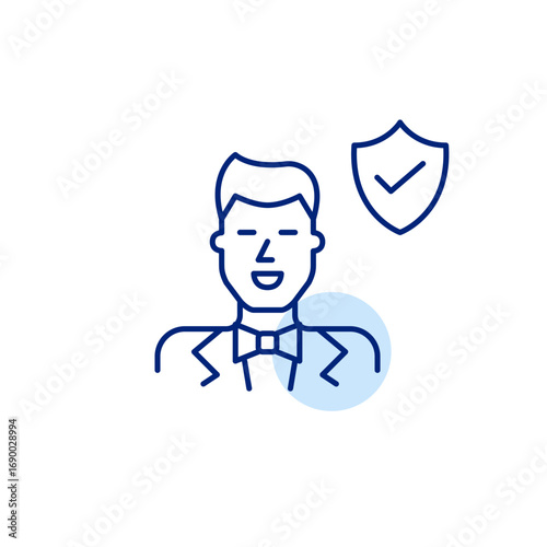 Groom, shield and checkmark. Protected ceremony, certified matrimonial standards, safe wedding arrangements. Pixel perfect, editable stroke vector icon