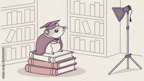 Cute animal in graduation cap sitting on books studio lighting illustration.