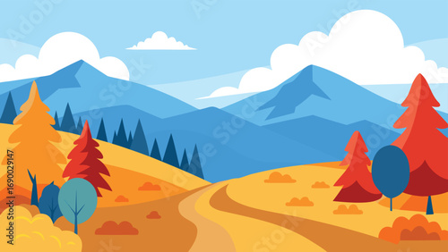 Cartoon Autumn Landscape with Mountains, Trees, Road, and Clouds on a Sunny Day