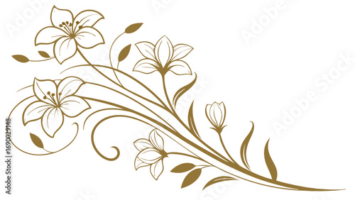Elegant Golden Floral Design Lilies Branch Ornamental Flowers Botanical Illustration Wedding Invitation Decor Vintage Style Swirl Pattern Decorative Element.
