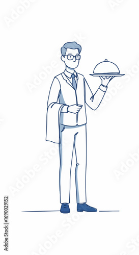 Professional waiter illustration, line art depicting a courteous server in uniform holding a cloche dome and napkin, symbolizing excellent restaurant service