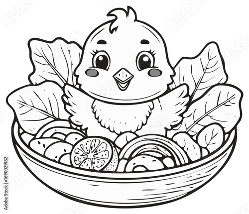 Adorable cartoon chick happily sitting in a fresh salad bowl black and white outline drawing