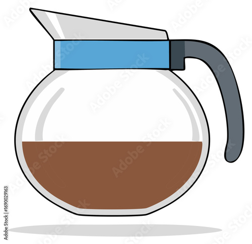 Glass coffee pot full of brewed coffee showing liquid level indicator with gray handle and lid for pouring