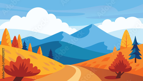 Cartoon Autumn Landscape with Road, Mountains, Clouds, and Colorful Trees Illustration