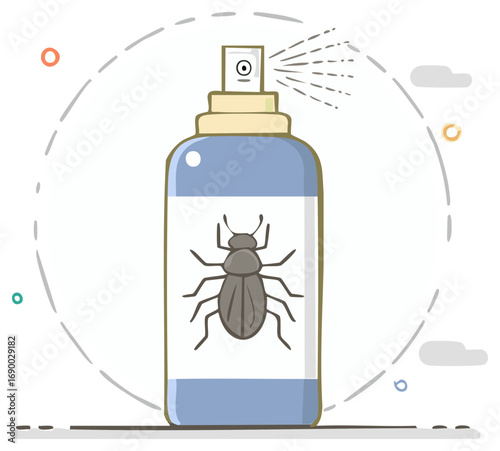 Insecticide spray bottle with bug on label spraying mist outdoors illustration