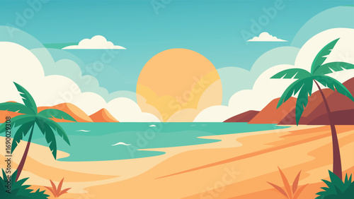 Cartoon Beach Palm Trees, Ocean, Sun, and Clouds, a Serene Landscape Illustration