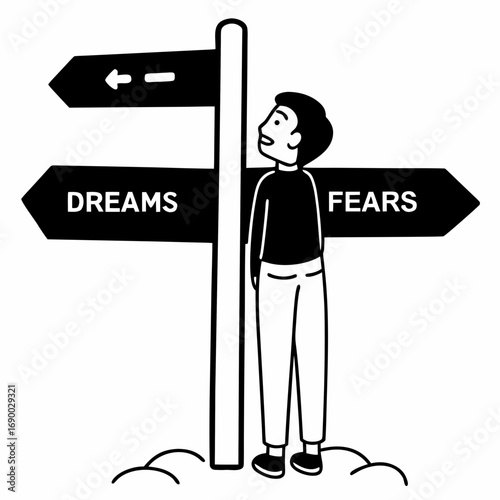 Dreams versus fears concept illustration showing choice and decision making for future success and goals