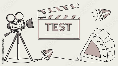 Filmmaking equipment illustration movie production video camera clapperboard lights studio setup creative design vector graphic artistic drawing illustration simple design minimalist style movie maki.