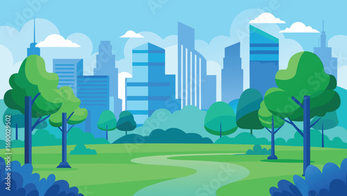 Cartoon City Park Illustration with Winding Path, Blue Buildings, and Trees in Green Shades