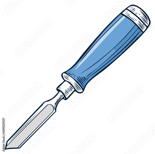 Detailed illustration of a woodworking chisel with a blue handle isolated on white