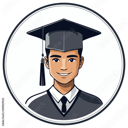 Smiling young male graduate student avatar illustration wearing academic cap and gown