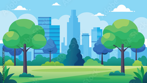Cartoon Cityscape Background with Green Park, Trees, and Blue Skyscrapers under a Sunny Sky