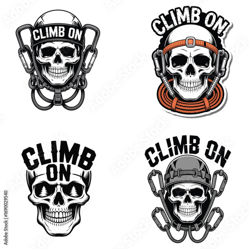 Climbing skulls with carabiners and rope helmet