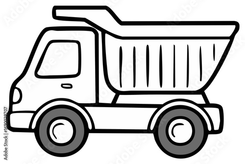 Stylized black and white outline illustration of a classic dump truck, perfect for children's books and construction themes.