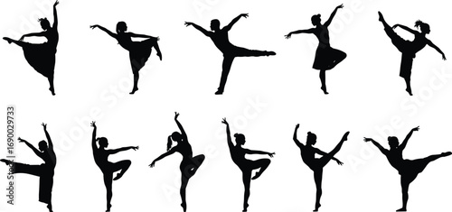 Ballet dancer silhouette, elegant dance poses, ballerina performance, classical ballet moves, contemporary dance art, graceful movement, stage performance, artistic expression, choreography
