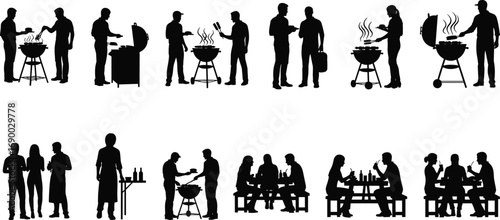 Barbecue silhouettes, grilling people, family picnic, friends cooking, outdoor BBQ party, group eating together, summer barbecue, food celebration illustration