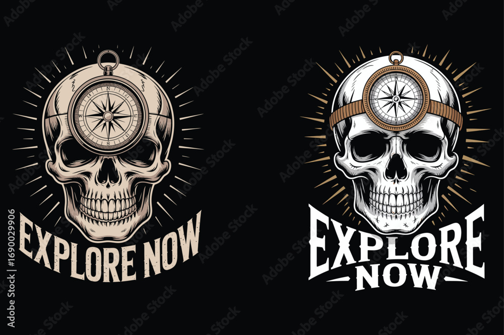 Fototapeta premium Skull compass adventure emblem vintage exploration