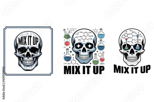 Skull with chemical formulas and beakers laboratory