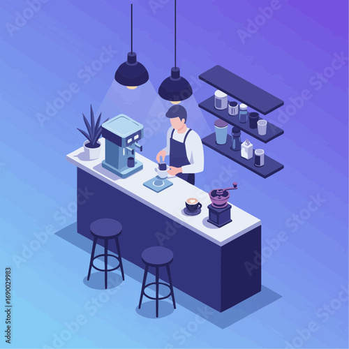 Isometric Cafe Scene Barista Serving Coffee in a Modern Coffee Shop