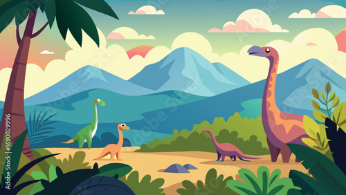 Cartoon Illustration of Four Dinosaurs in a Prehistoric Landscape with Mountains and Palm Trees