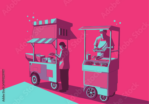 Street Vendors Selling Food in a Bright Pink and Blue Graphic Illustration