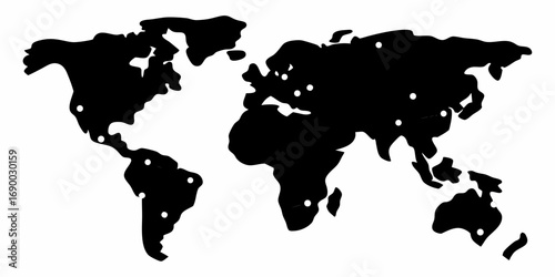 Black world map with white dots indicating locations of interest across the continents shown here | editable eps vectors silhouette