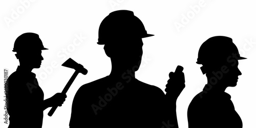 Silhouette of three construction workers wearing hard hats one holding an axe and another a radio receiver | editable eps vectors