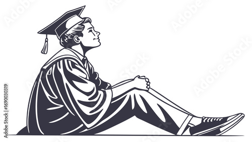 Graduate in cap and gown sitting and contemplating the future.