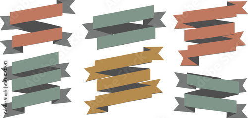 A set of six elegant, wavy ribbon banners featuring earthy tones of orange, green, and gold, each casting a subtle shadow on a white background.