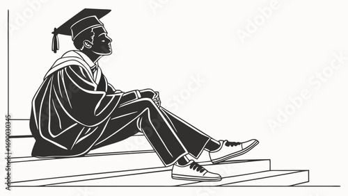 Graduate in cap and gown sitting on steps contemplating the future.
