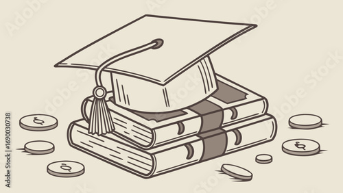 Graduation Cap on Books and Coins Education Cost Concept Illustration.
