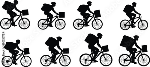 Bicycle delivery courier silhouettes, food delivery rider on bike with backpack, fast shipping service, online order transport, urban logistics