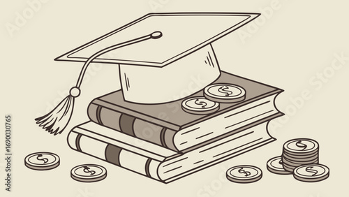 Graduation cap on books with coins illustration education cost tuition fees scholarship learning investment academic success knowledge finance money study textbook degree finance budget cost of educa.